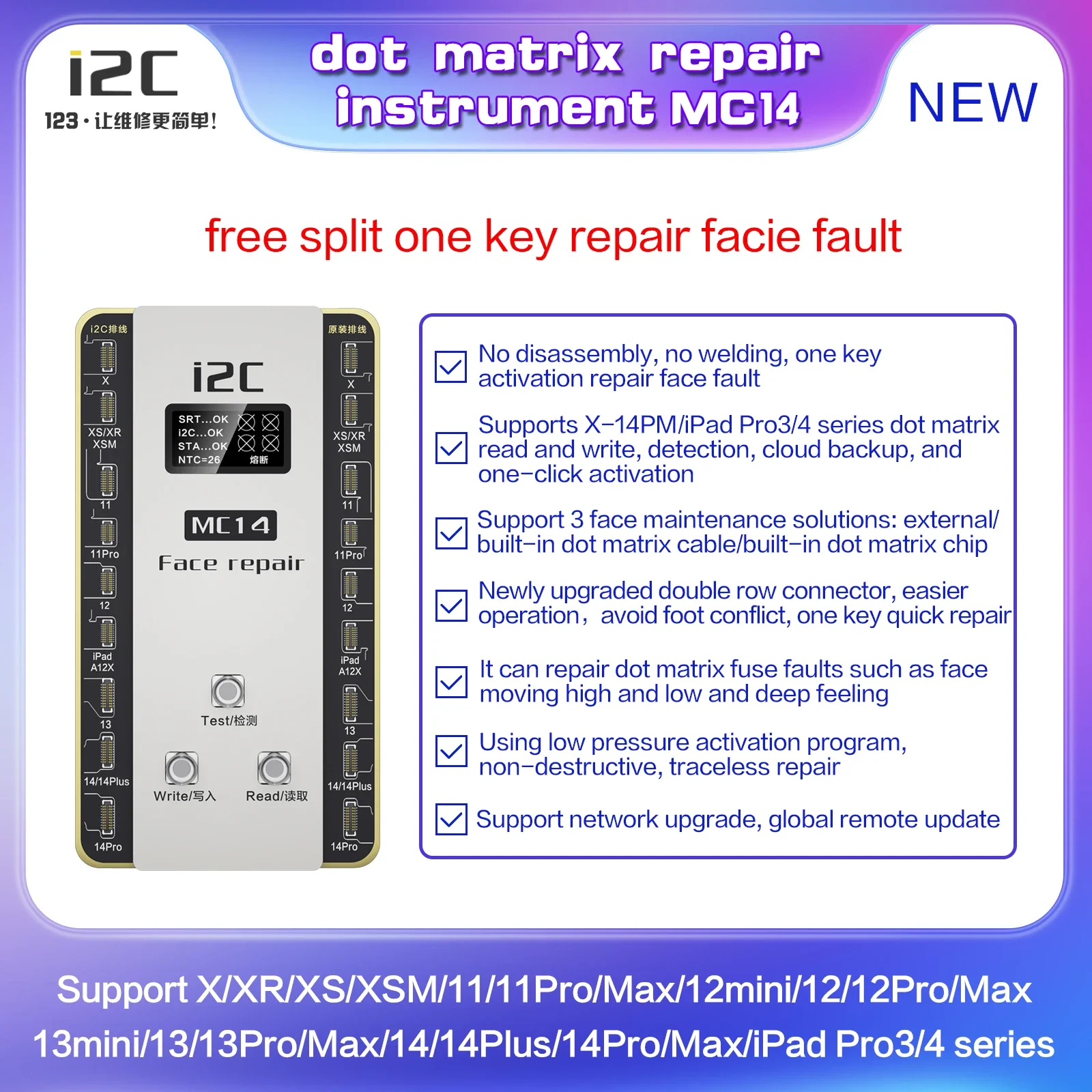 I2C MC-14 Face ID Dot-Matrix Repair Programmer Fix Failure Move Higher or Lower Problem for Iphone X-14Pro Max Dot Matrix Repair