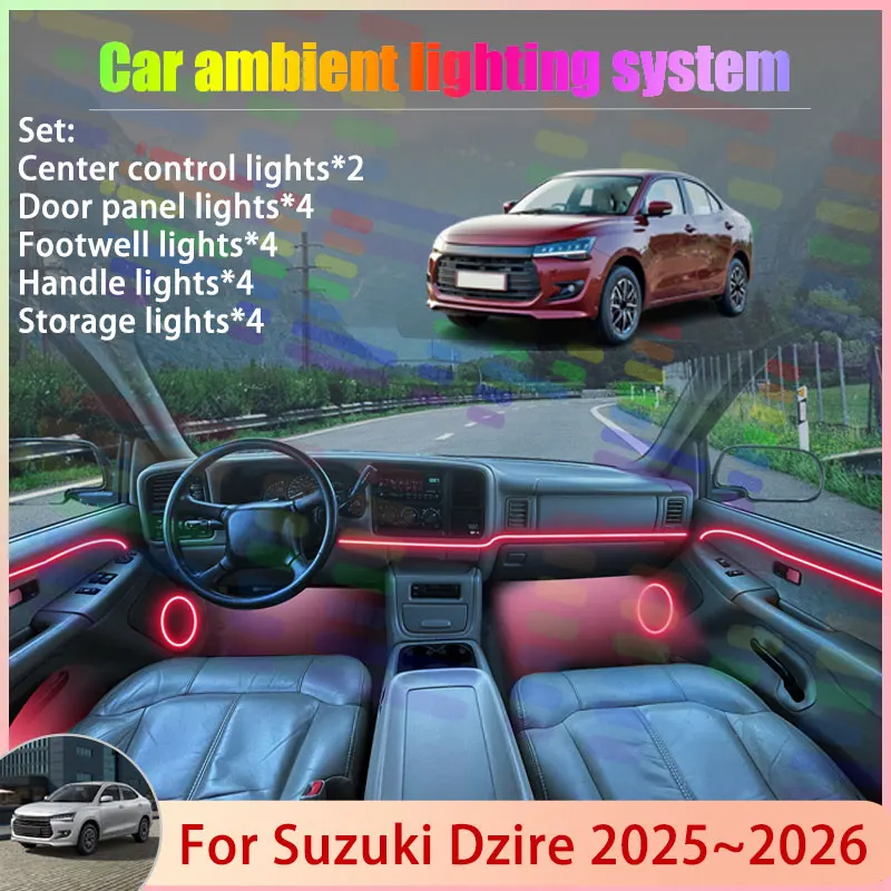 

Для Suzuki Dzire 2025 2026 MK4 2/18 в 1, автомобильная атмосферная лампа, RGB абажур, ансамбль, стример, атмосферный набор, автоаксессуары