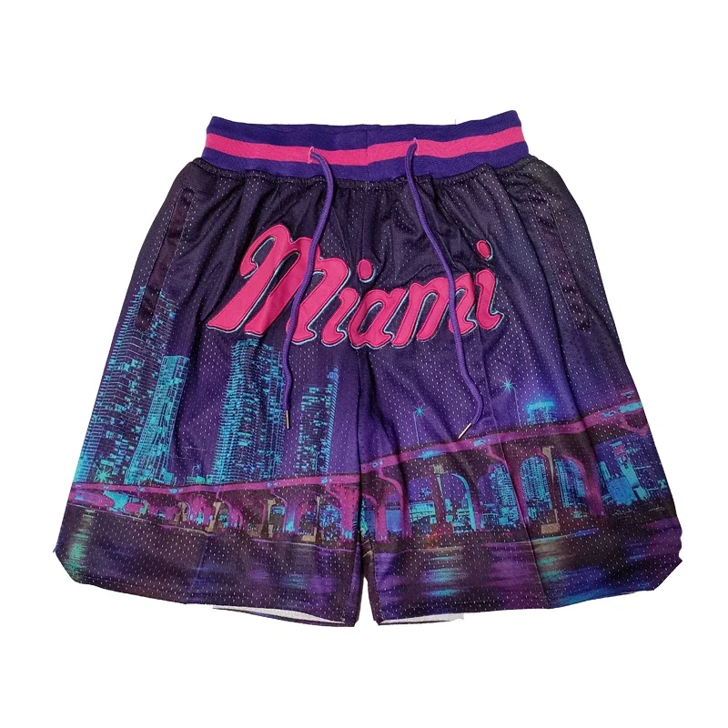 Basketball shorts Miami City Night Scenery Flower Four pockets Sewing embroidery Outdoor sports Beach pants high quality Green