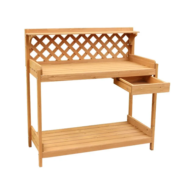 

Outdoor Potting Bench Table Work Station Garden Planting with Cabinet & Drawer & Top Shelf & Lower Shelf Natural Wood
