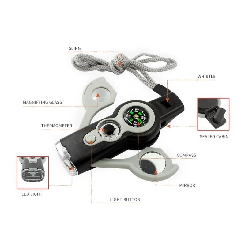 Q39E 7 in 1 Camping Compasses Thermometer Magnifier Flashlight with Lanyard