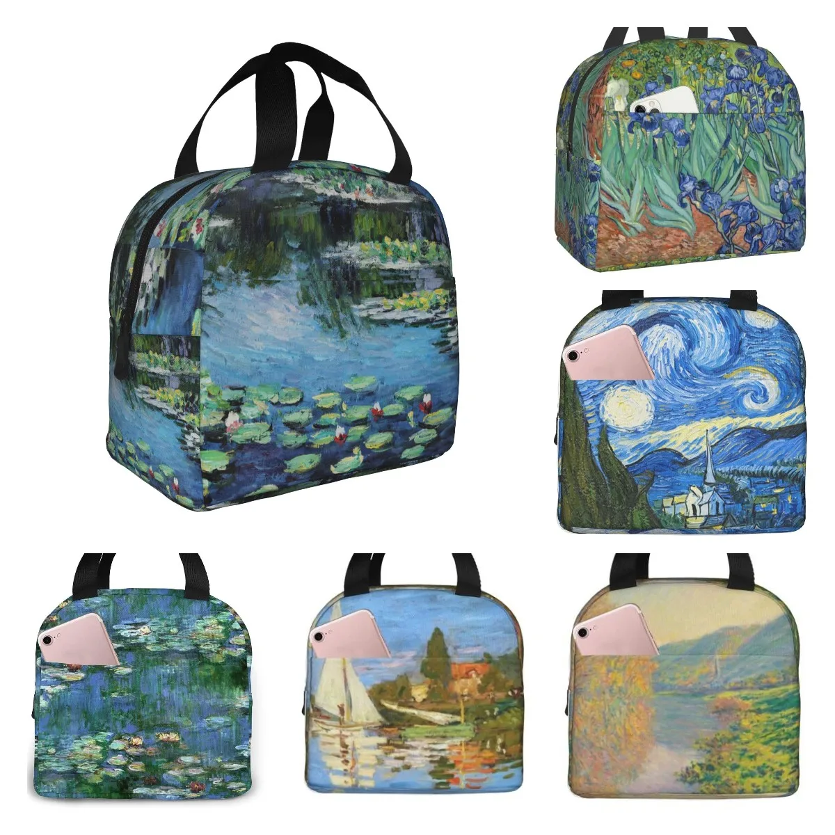 Monet-Bolsa de almuerzo con estampado de flores de loto para hombre, mujer y niño, bolsa pequeña para Picnic al aire libre, trabajo, escuela, regalo aislado