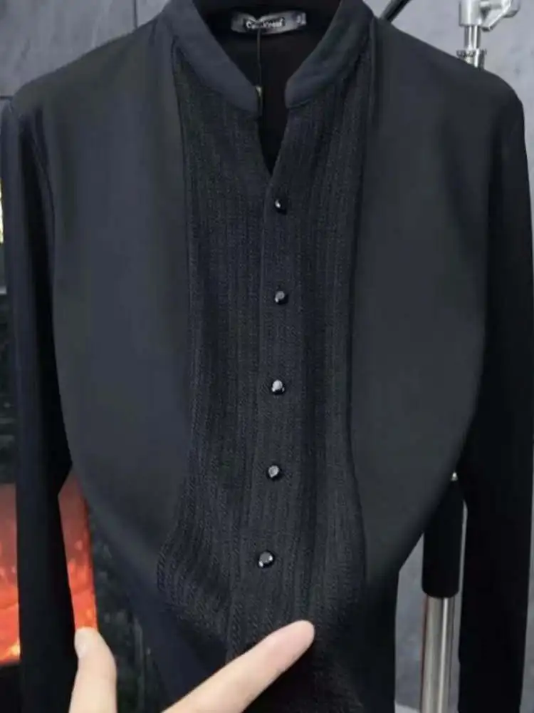 

Casual Long Sve irt Men's Autumn Stand Collar Patchwork Design High Quali New Sle Polyester Fiber Loose Fit Button up