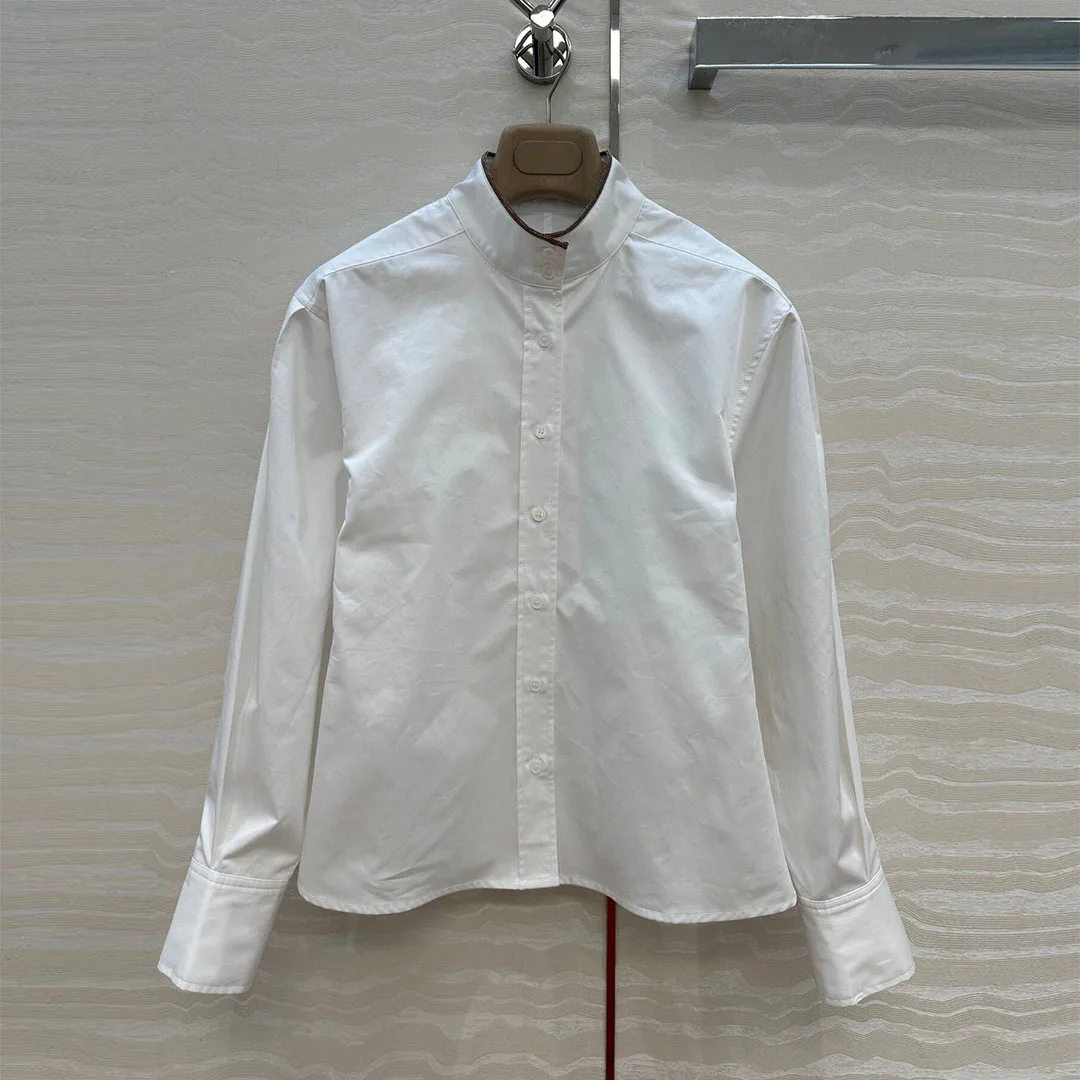 

French Elegant Lady New Autumn White Cotton Office Shirt Women Beading Stand Collar Long Sleeve Slim Casual Blouse Tops