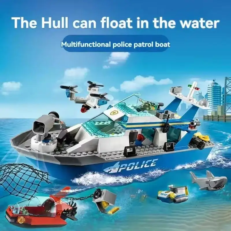 City Series Patrol เรือ Building Block ชุดอิฐสร้างสรรค์ตกแต่งของเล่นเหมาะสําหรับของขวัญวันเกิดเด็ก