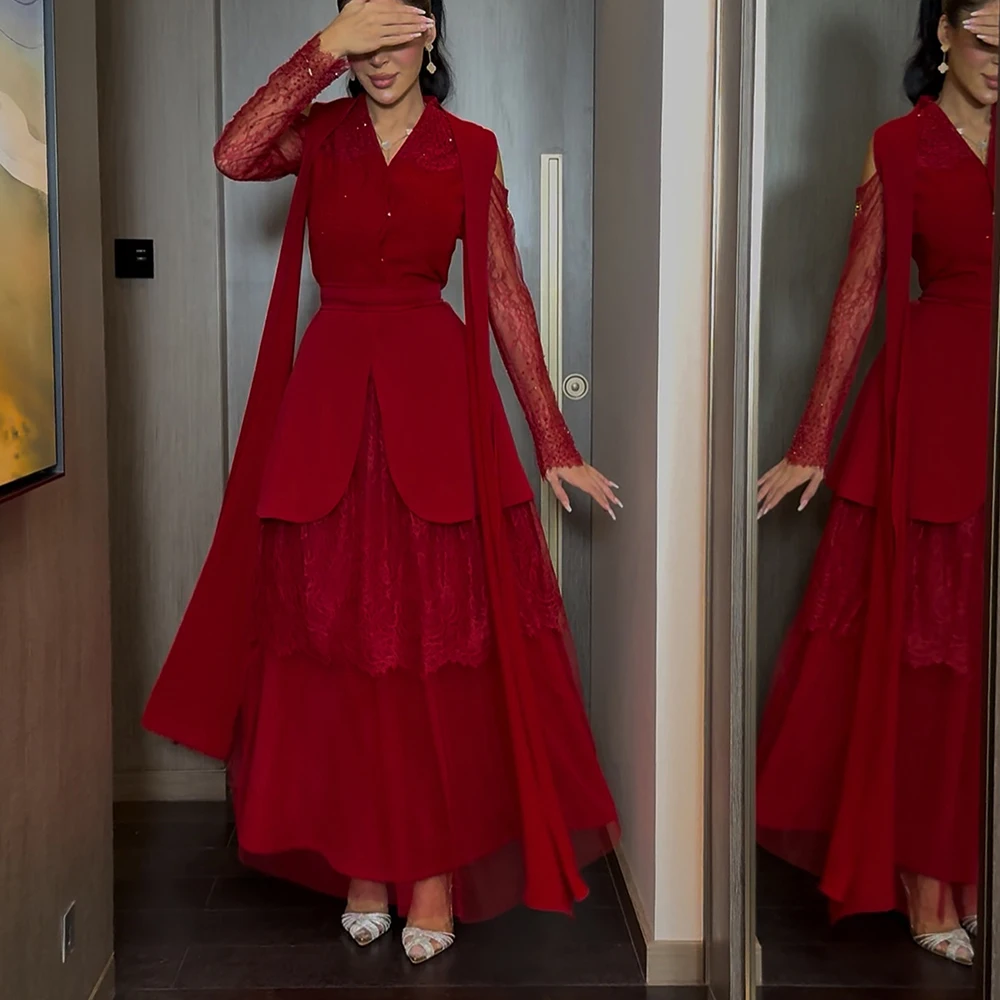 

Customized A-line Evening Dresses Ankle-length V-neck Full Sleeve Prom Gown Simple Fashion Lace Draped Casual Party Gown