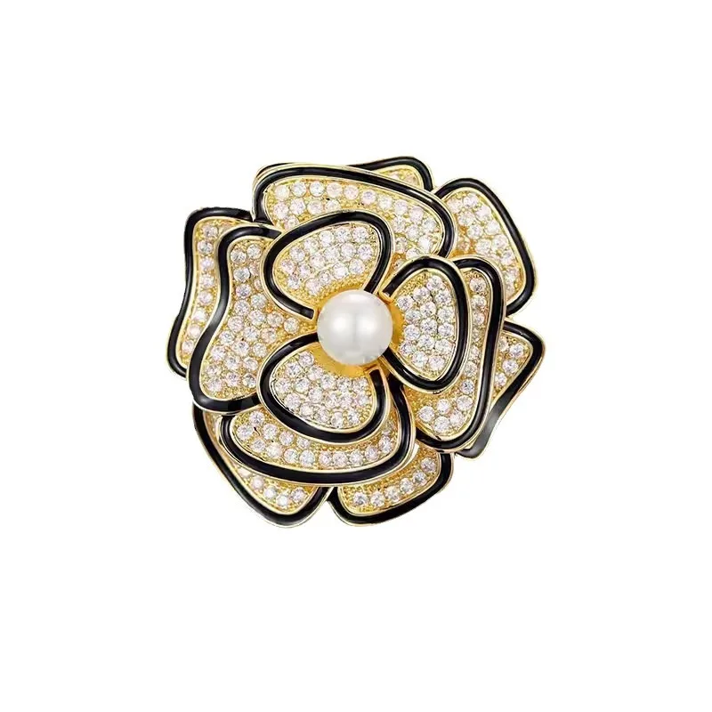 

Luxury Crystal Pearls Camellia Brooches for Women Vintage Inlaid Rhinestone Flower Broach Pins Charm Jewelry Cosplay Accessories