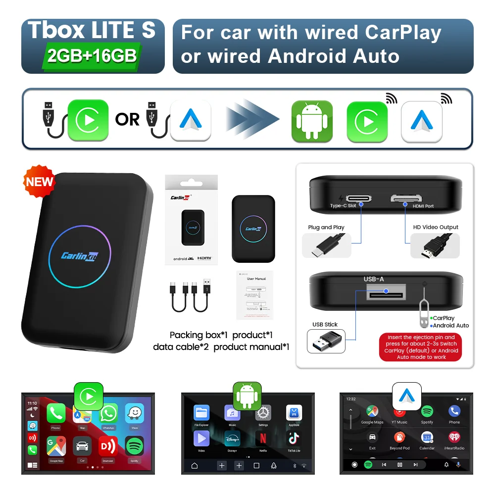 CarlinKit LITE S HDMI 5 en 1 Android TV Box Smart CarPlay Android Auto sans fil Adatper pour voiture jouer vidéo pour YouTube Netflix 4