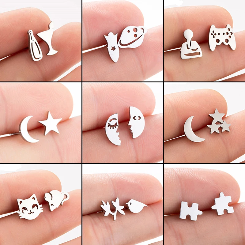 Asymmetrie Edelstahl Katze Maus Ohrring Frauen Spiel Maschine Ohr Schmuck Mädchen Romantische Mond Sterne Ohrringe Geschenke Zubehör