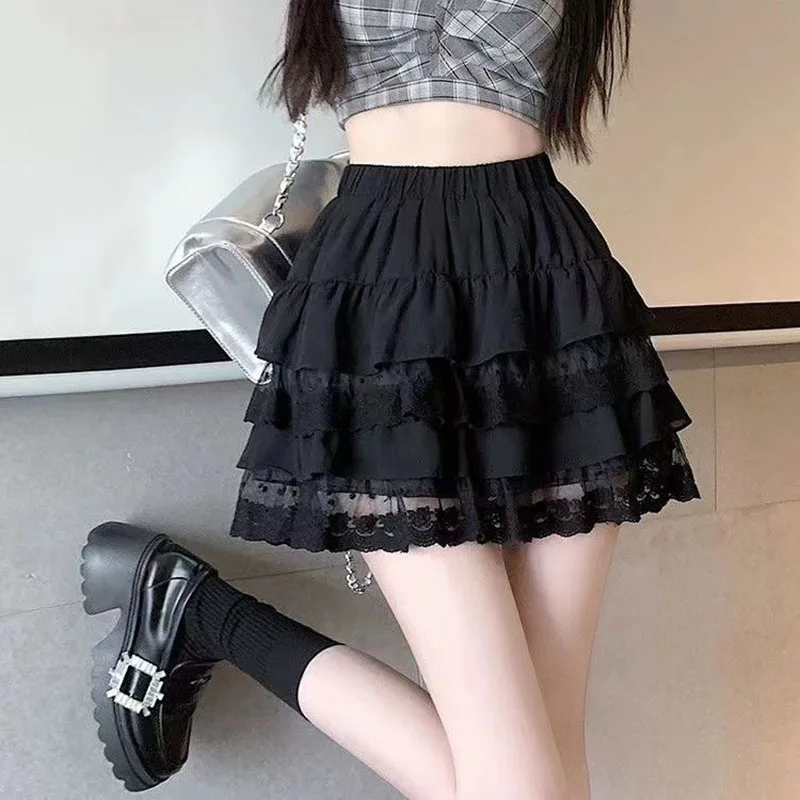 Kawaii Cute Ruffle Skirt Women White Mini Skirts Lace Patchwork Sweet A-line Korean Fashion Summer Y2k Skirt