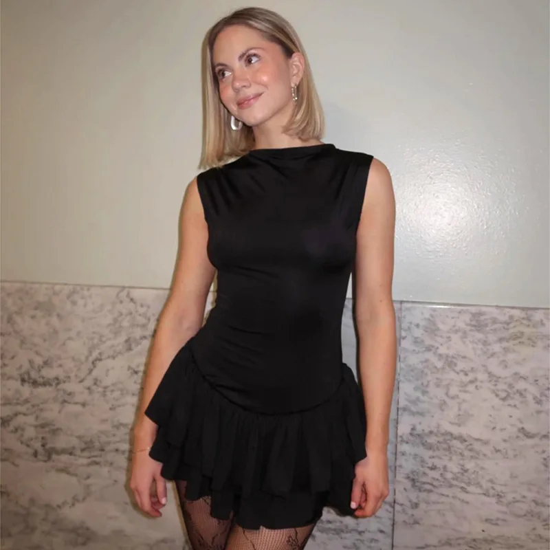 Feminino em camadas plissado hem mini vestido sem mangas fino em camadas tanque vestido y2k estética em torno do pescoço bodycon inchado curto vestido branco