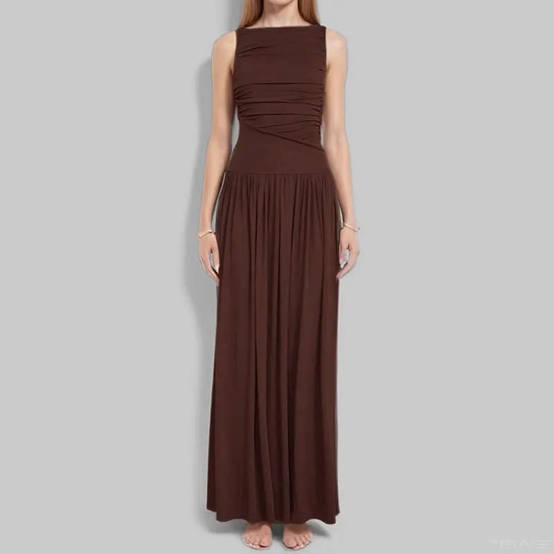 

2025 Spring Fashion Elegant Solid Color Slim Pleated Pleated Women's Dress C001