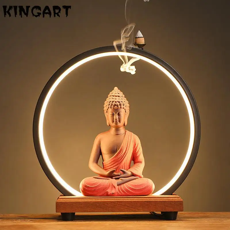 

Backflow Incense Burner Indoor LED Light Ring Purple Sand Buddha Zen Ornament Living Room Decoration Tea Ceremony Accessories