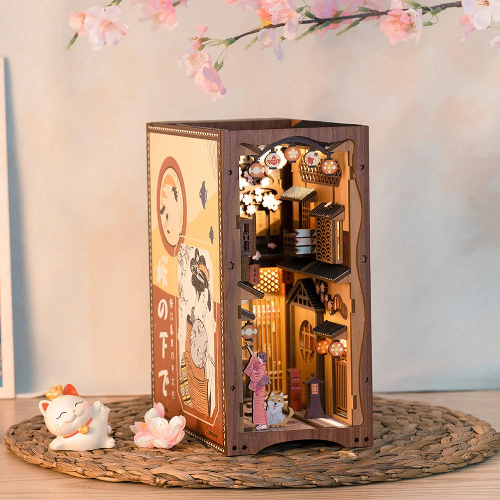 ​Cutebee DIY Book Nook Sakura Miniature Dollhouse Bookshelf Insert Japanese Wooden Bookend 3D Lighting Building for Kid Gifts