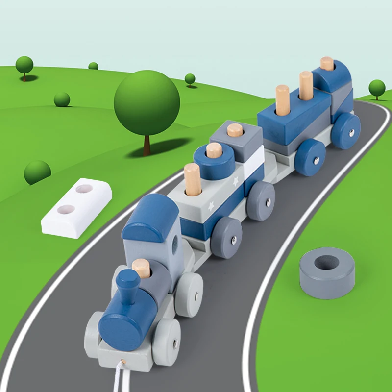 Conjunto de trem de empilhamento montessori de madeira, brinquedos educativos, classificador de formas, blocos de construção, carrinho de madeira, brinquedos de aprendizagem para bebês, presentes