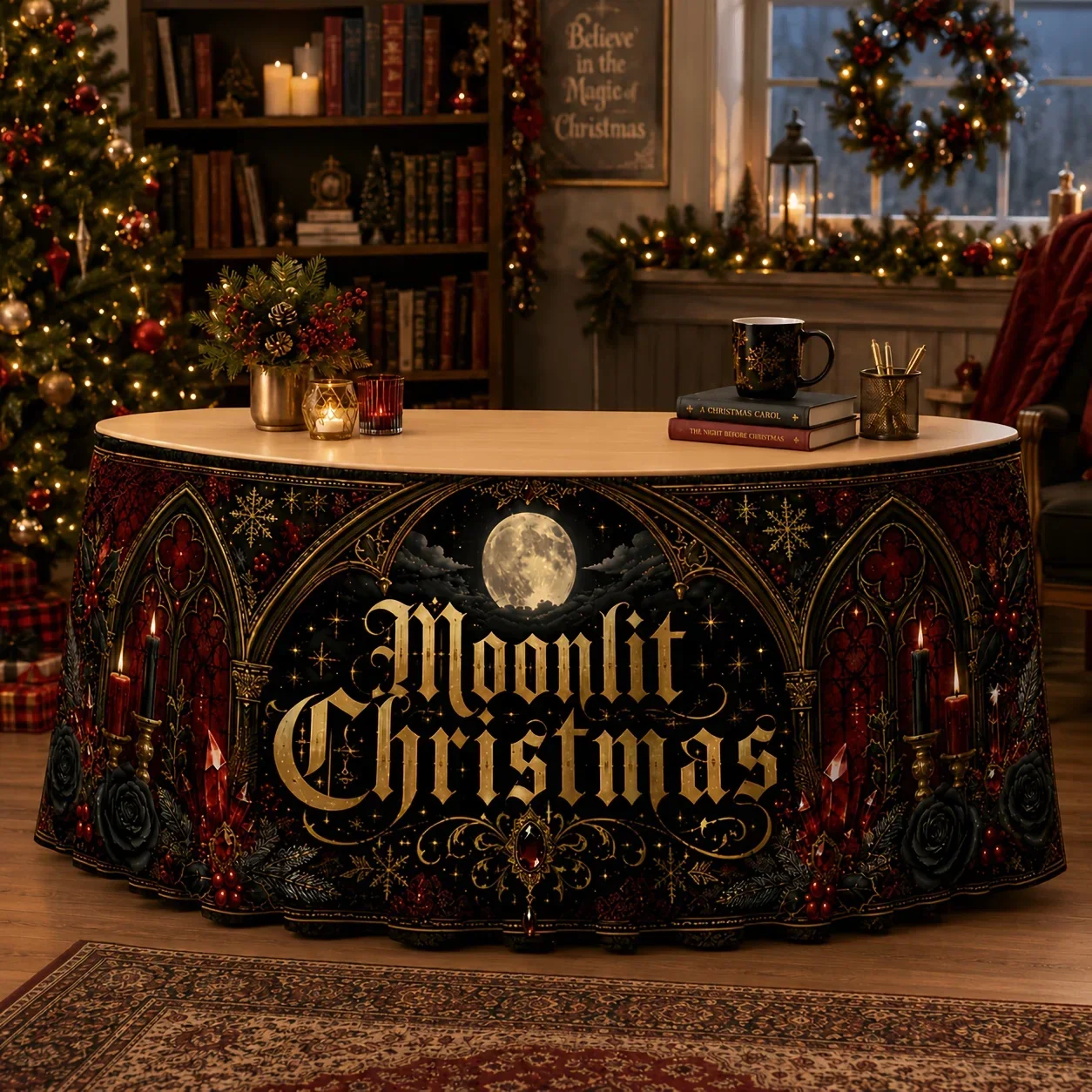 Party table skirt 1 piece Moonlight Christmas table cover Table skirt Gothic arch Full moon candles Black rosesxzj