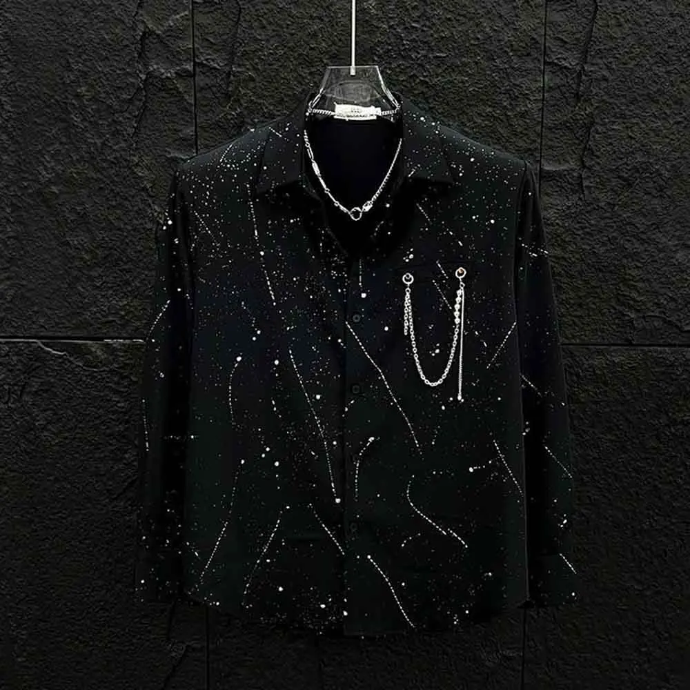 Autumn New Men's Solid Color Chain Long-Sleeved Shirt American Retro Fashion Trend High Street Loose Casual Niche Men's Tops
