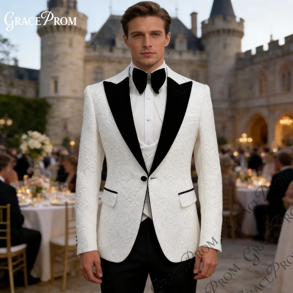 

High Quality Slim Fit 3PCS Mens Suit 2026 White Black Contrast Lapel Groom Wedding Tuxedo For Prom Graduation Business Event