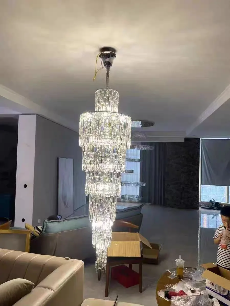 Villa Living Room Crystal Chandelier Hotel Hall Luxury Lighting For Duplex Floor Rotating Staircase Long Chandelier Decoration