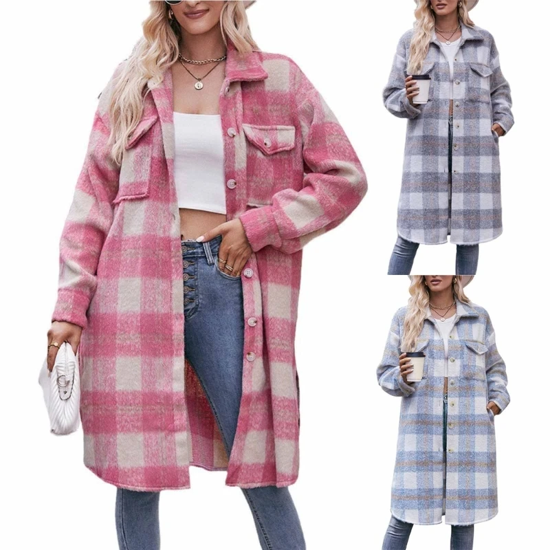 Casual Plaids Mohair Jackets Button Down Long Sleeve Jackets Coat Tops MidLong Shacket Trenchs Coat Lapel Collar Jackets