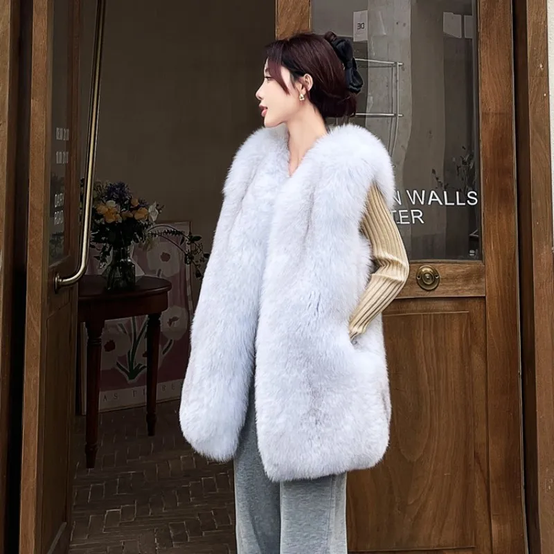 2024 Fashion Natural Silver Fox Fur Coat Women Blue-Fox  Vest Finnish Fox Whole Skin Fur Winter Thick Soft Warm Fox Fur Jacket