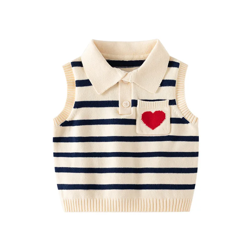 Primavera autunno bambini ragazze Polo gilet cuore rosso cotone tasca neonate gilet a righe orlo elastico Kid Girls maglieria