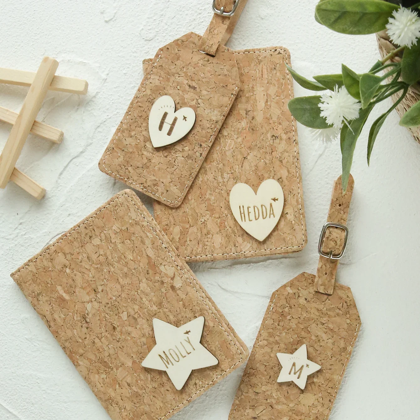 2PCS Custom Initials Cork Passport & Luggage Set - Engraved Wood Texture, Handmade Gift for Christmas/Bridal/Birthdays