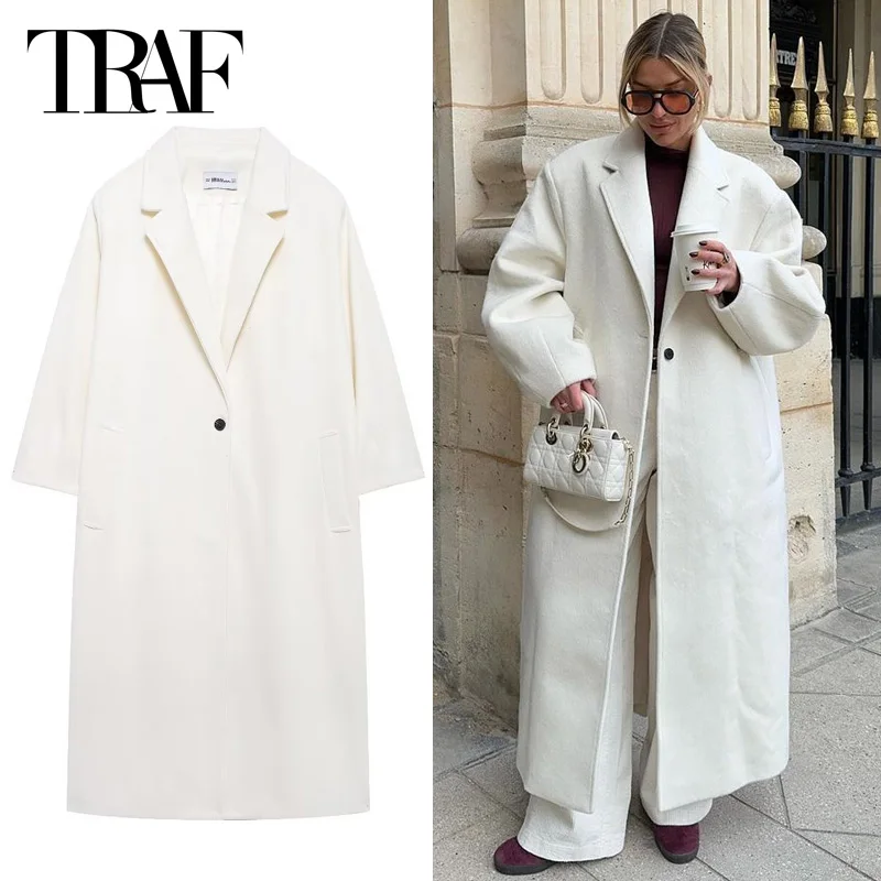 TRAF Women\'s Coat Outerwears Tweed Long Coat Women Warm Winter Coats Woman 2024 New In Coats & Jackets White Long Sleeve Coats