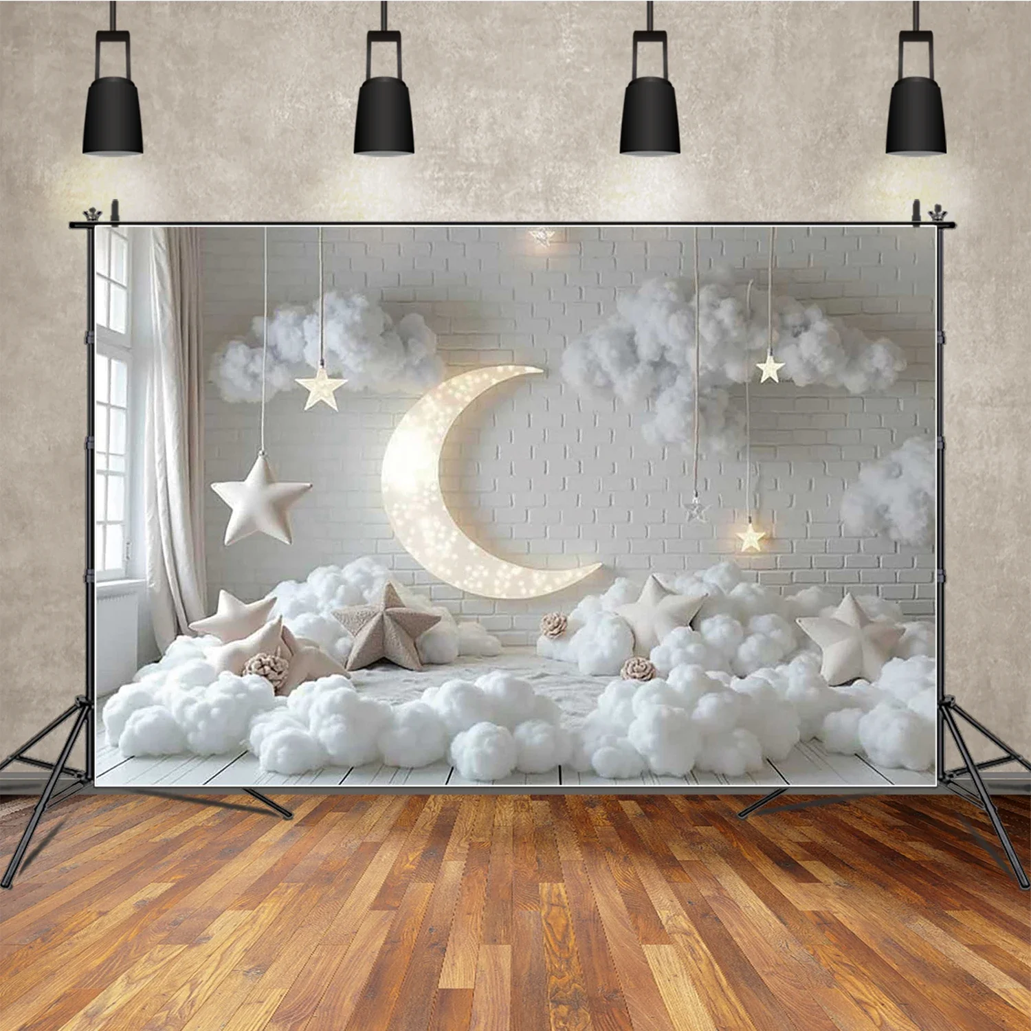 

MOON.QG Baby White Cloud Moon Photography Shooting Background Children 1st Birthday Photozone Backdrop Home Studio Decorations