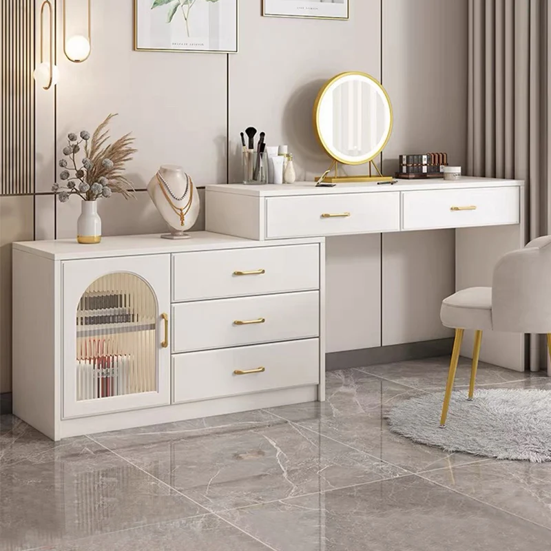 

Luxury Dressing Table Glass Wood Vanity Table LED Mirror Girls Drawers Makeup Desk Dresser Bedroom Cabinet Penteadeira Furniture