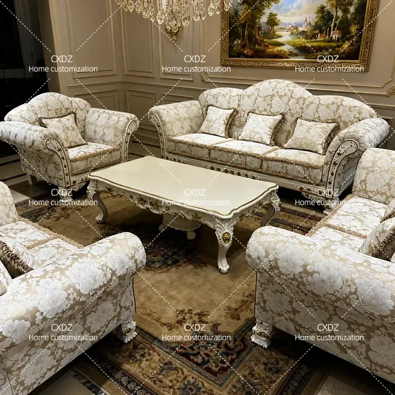 European style solid wood fabric sofa French luxury carved sofa white living room combination Foshan factory