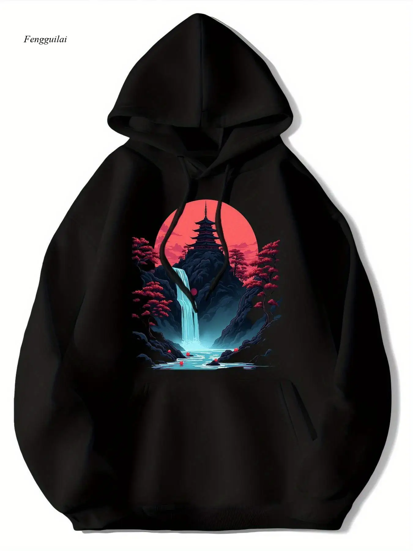 เสื้อฮู้ดพิมพ์ลายพระจันทร์สีแดง - เสื้อสเวตเชิ้ตพูลโอเวอร์สไตล์อนิเมะ