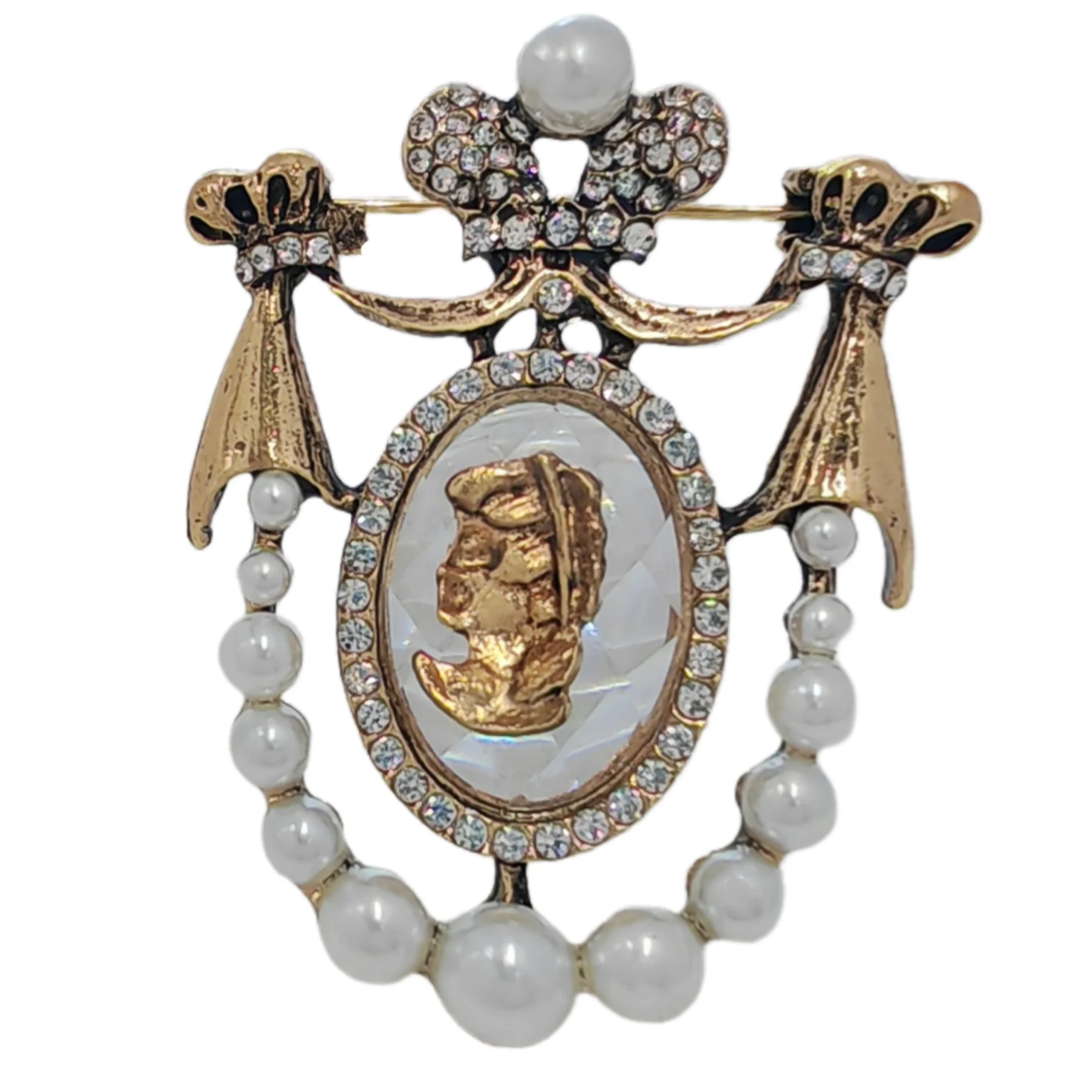 

Vintage Crystal and Imitated Pearl COAT of ARMS Brooch Cameo Pin Jewelry