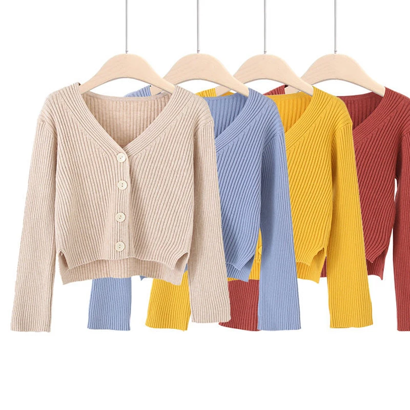 

Women's V-neck Crop Cardigan Petite Teen-girl Autumn Winter Casual Chic Long Sleeved Knitted Sweater Jacket Trend Clothing