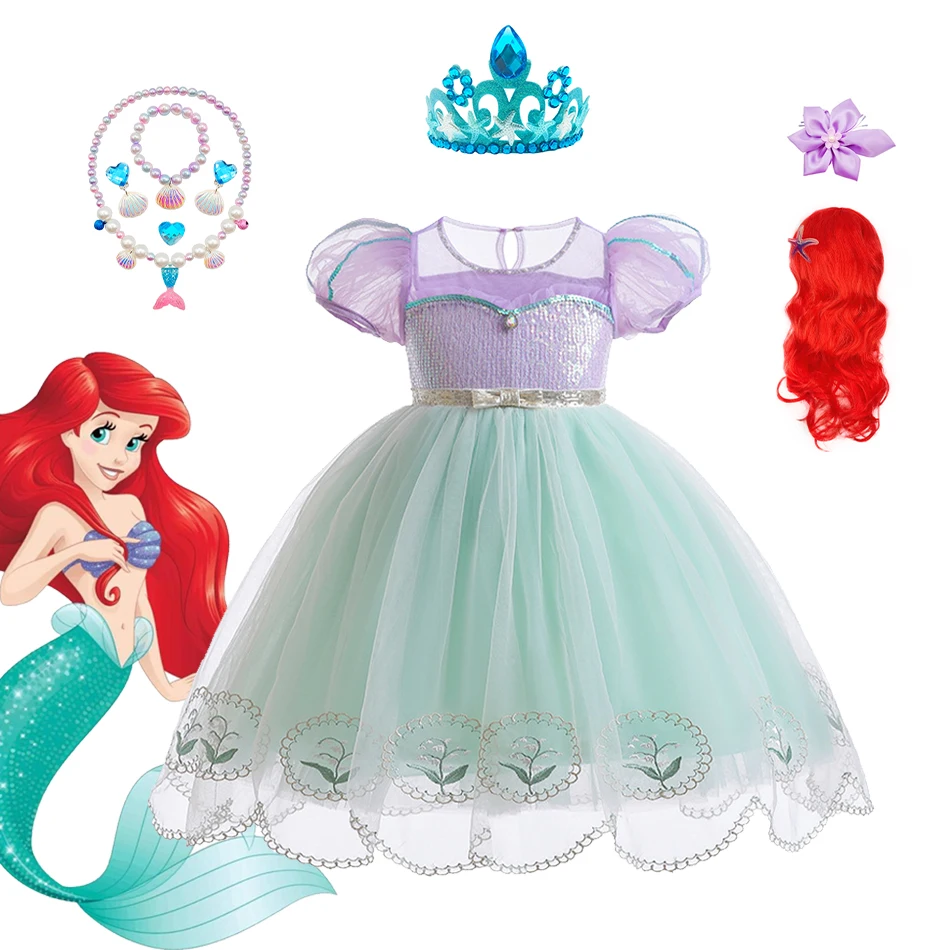 

Mermaid Princess Ariel Cosplay Outfits Kids Light Green Tulle Puff Sleeve Dress Halloween Party Fantasy Disguise Gown 2-8Y