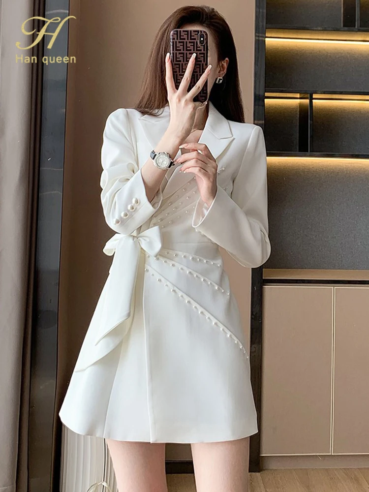 H Han Queen Korean Elegant Fashion Blazer Dress 2022 New Women Autumn Sheath Bodycon Dresses Lace-Up Bead Casual Party Vestidos