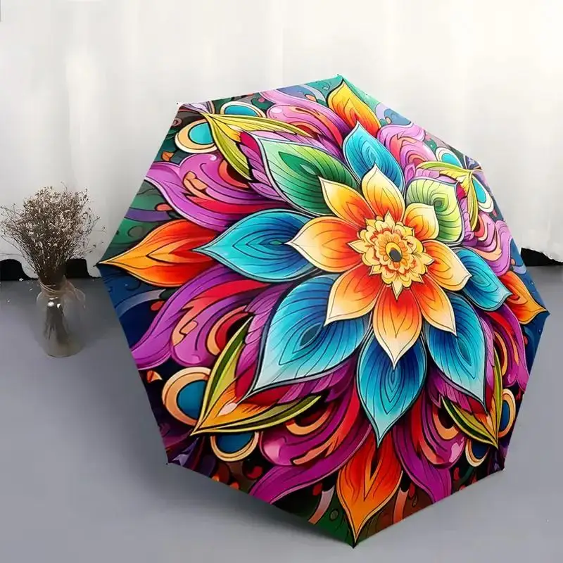 

Automatic Open/Close Heavy-Duty Windproof Umbrella with 8-Rib Large Canopy & Color-Changing Mandala Design - Self-Opening Comp
