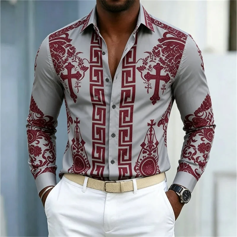 2026 New Men's Shirt Baroque Style Men's Shirt Red Bottom Gold Beast Pattern Printed Top Shirt Business Casual Men's Shirt