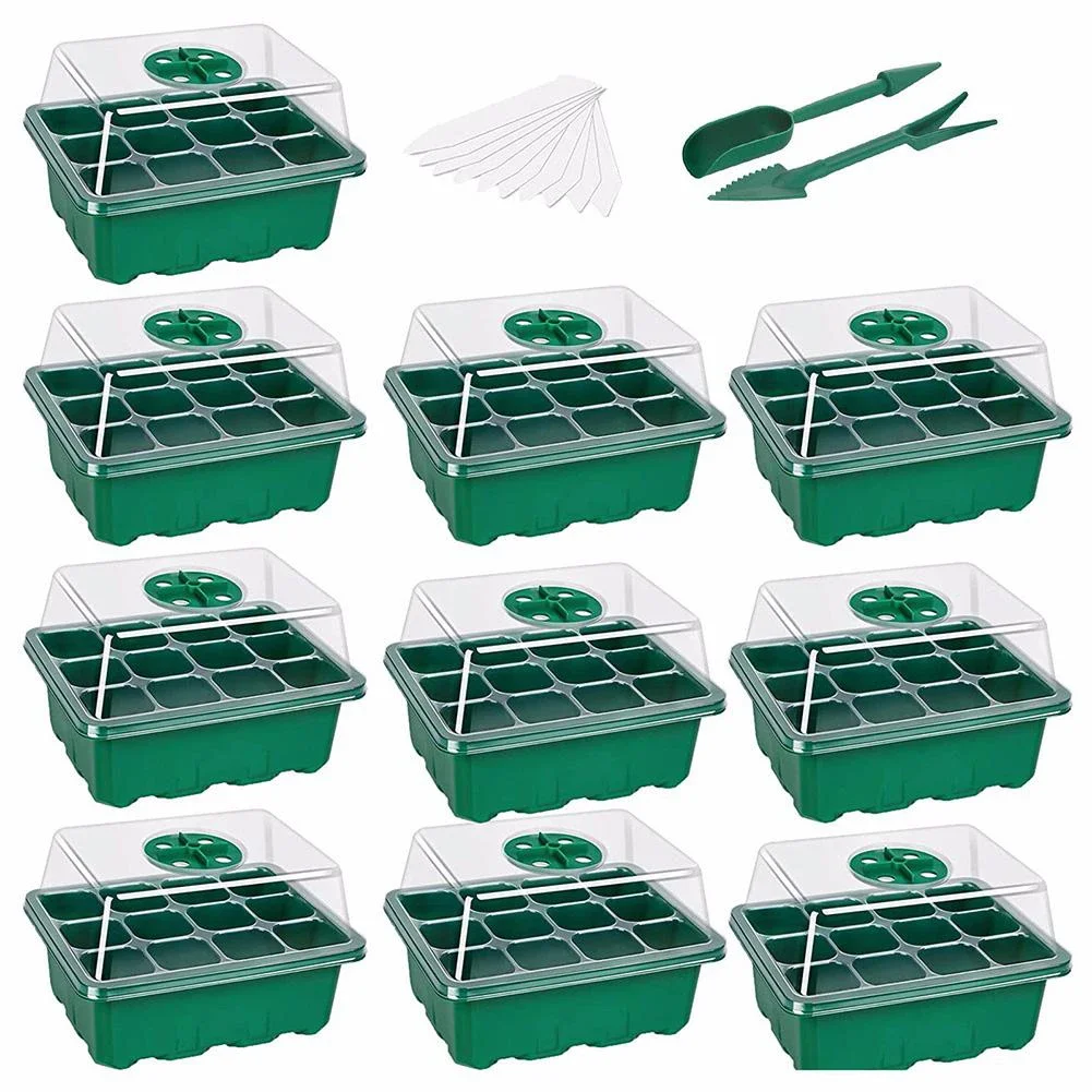 

10pcs Seed Starter Tray Kit Garden Nursery Seedling Plant Germination Box Seedling Tray Humidity Adjustable Switch Garden Tools