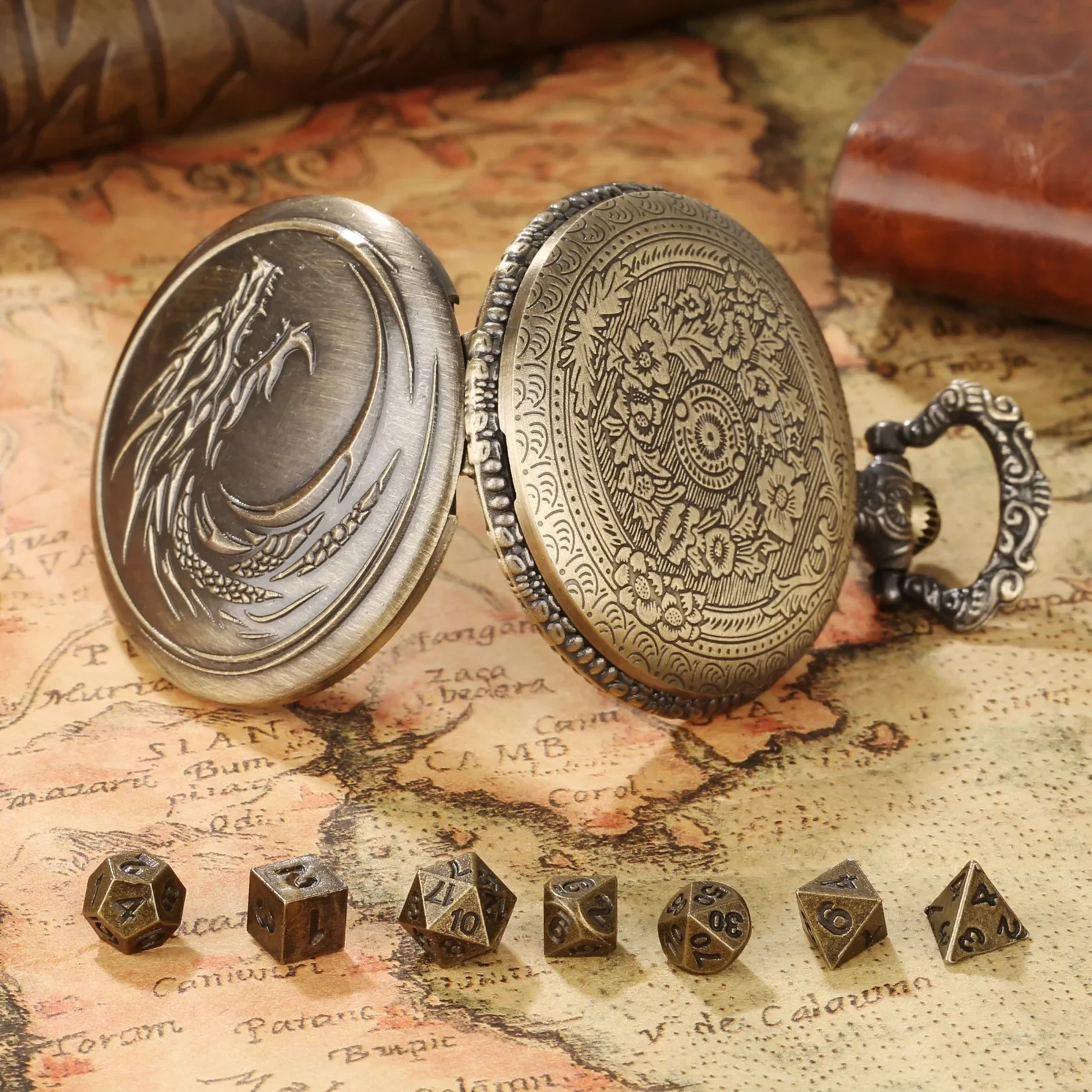 Dragon Head Pocket Watch Box DND Dice Jewelry Shell Retro Flip Curved Dragon Totem Pocket Watch Case 7pcs Polyhedral Metal Dices