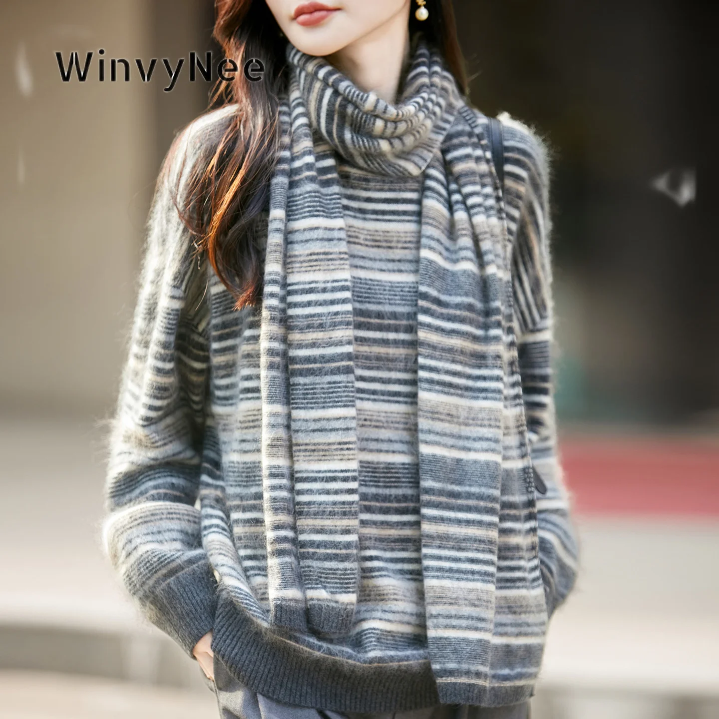 WinvyNee Women Striped Knit Shawl Stole Cashmere Brushed Fabric Autumn Winter Thermal Wrap Soft Versatile Chic Fashion G1743025