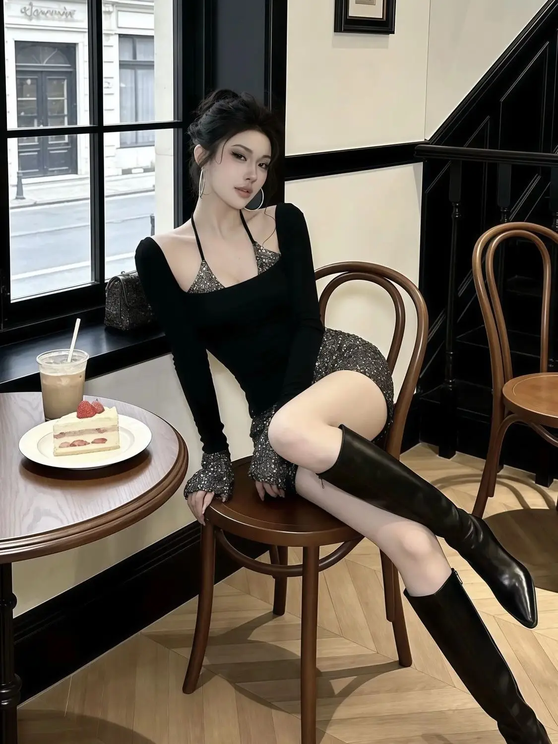 Temperament 2 Piece Sets Women's Clothing Square Collar Black Tops Heavy Sequin Mini Bodycon Skirts Suit Fashion Sexy Outfits view 3