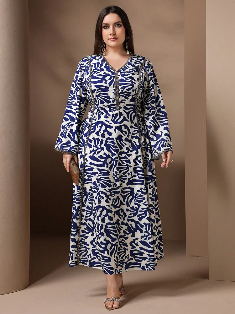 TOLEEN Vrouwen Plus Size Maxi Jurken Modieuze Moslim Print Losse Arabische Jurk Elegante Met Diamanten Ingelegde Banket Ramadan Gewaad