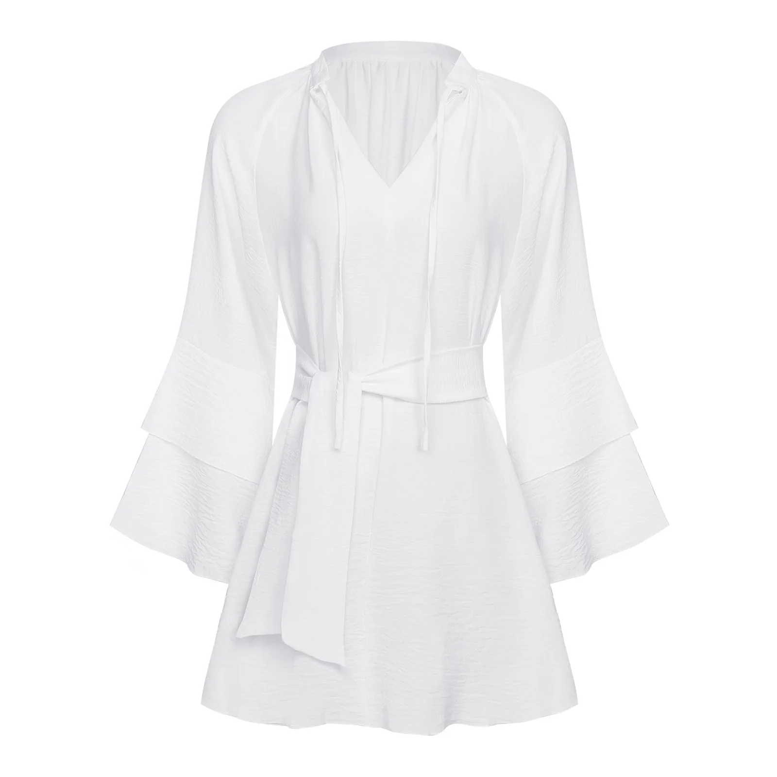 Modisches Damenkleid mit Rüschen, langen Ärmeln, oberschenkellanges Minikleid mit abnehmbarem Gürtel für Party, Bankett, Hochzeit, Pendelkleid