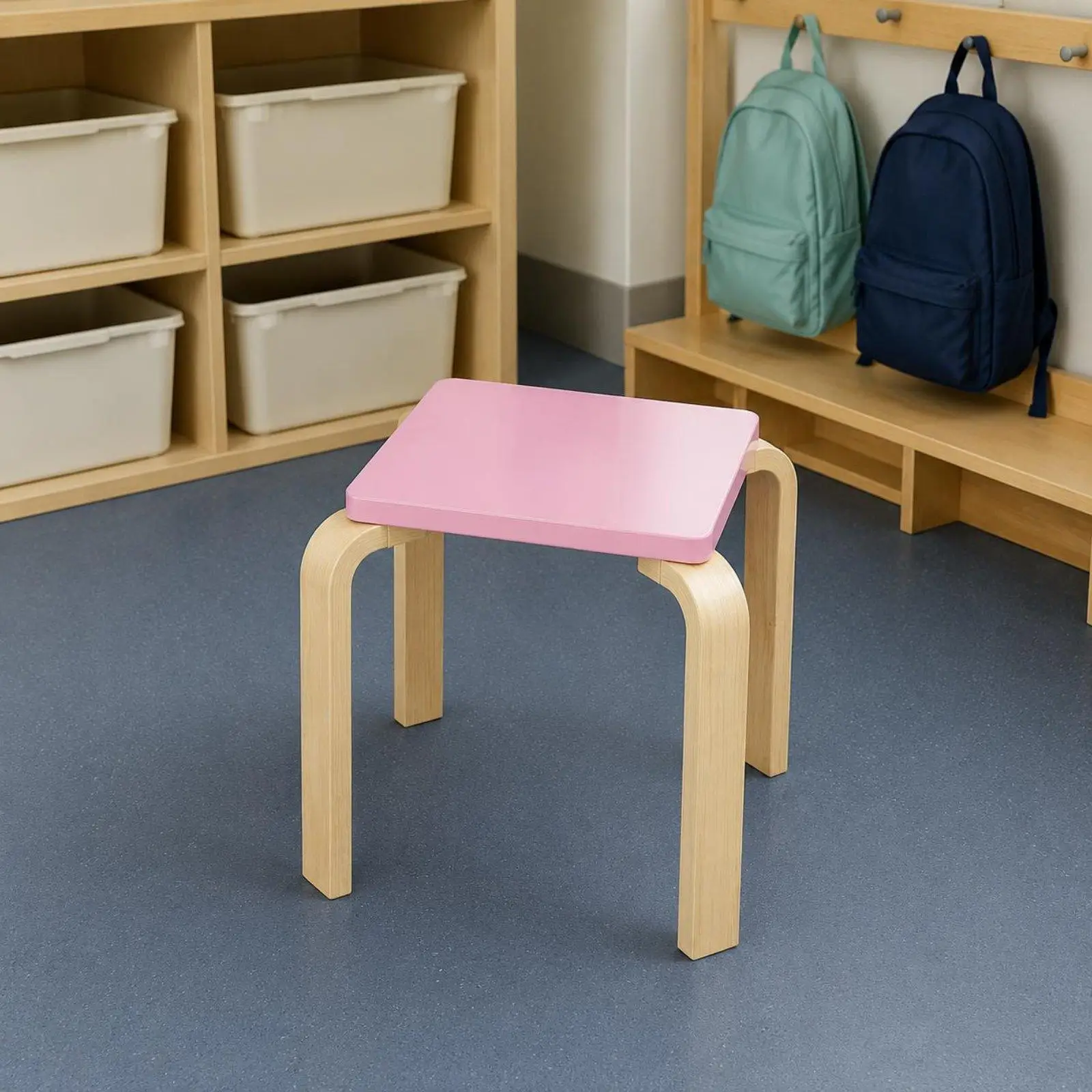 Pink Stool with Wooden Seat for Children, Curved Legs, Children's Furniture