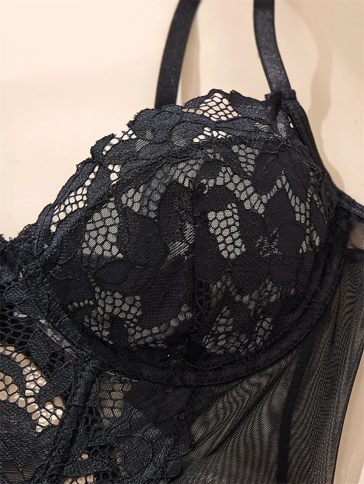 Sexy Lingerie Ultra Thin Lace Underwear Women Steel Rings Bra and Panties Set 3 Pieces Hot Erotic Lingerie Transparent Underwear