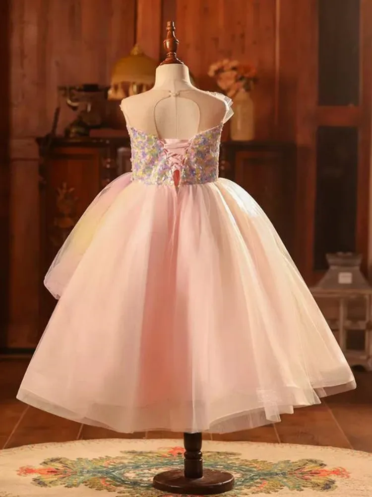 Vestido de noche de princesa con lentejuelas de arcoíris para niños de gama alta, vestido de fiesta de cumpleaños y boda para actuaciones, Vestidos A3941