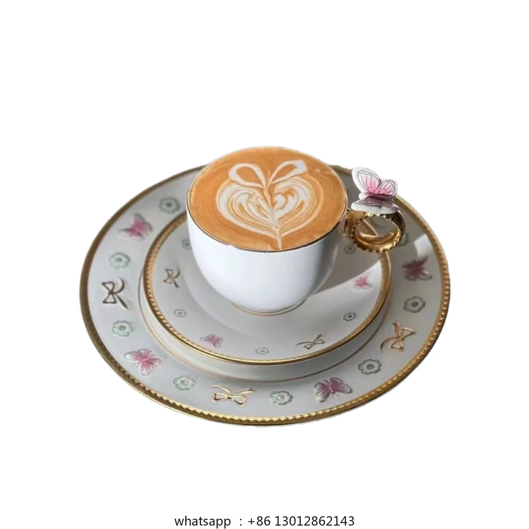 

embossed butterfly painted gold coffee cup, saucer and plate exquisite three-piece set with hand gift