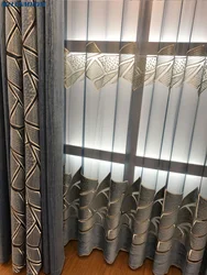 Melunmhom Luxury Brown Crack Geometric Design Curtains for Living Room Bedroom Blue Tulle Window Kitchen Sheer Blinds Drape