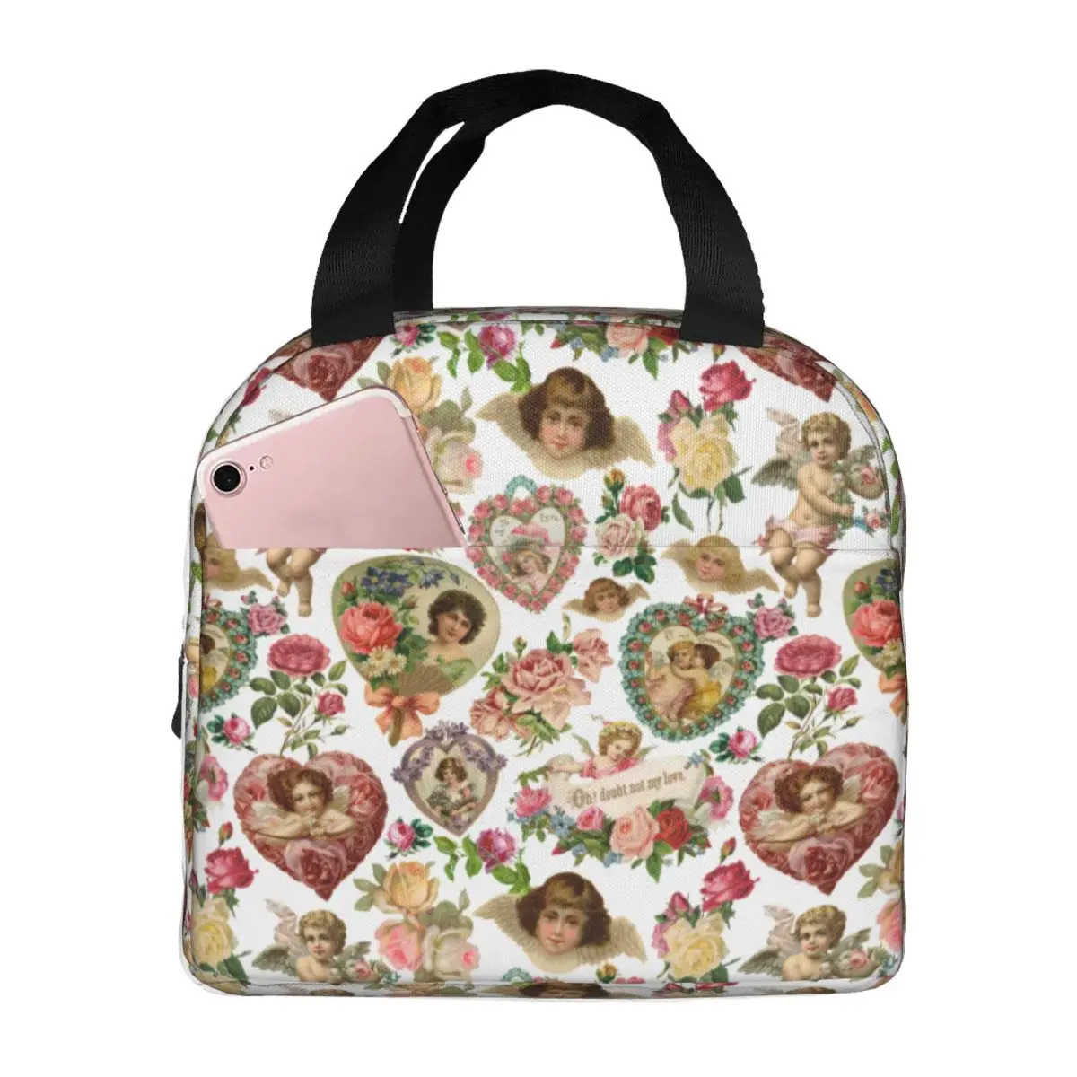 Victorian Angel Baroque Valentine Pattern Insulated Lunch Bags for Work School Portable Thermal Cooler Bento Box